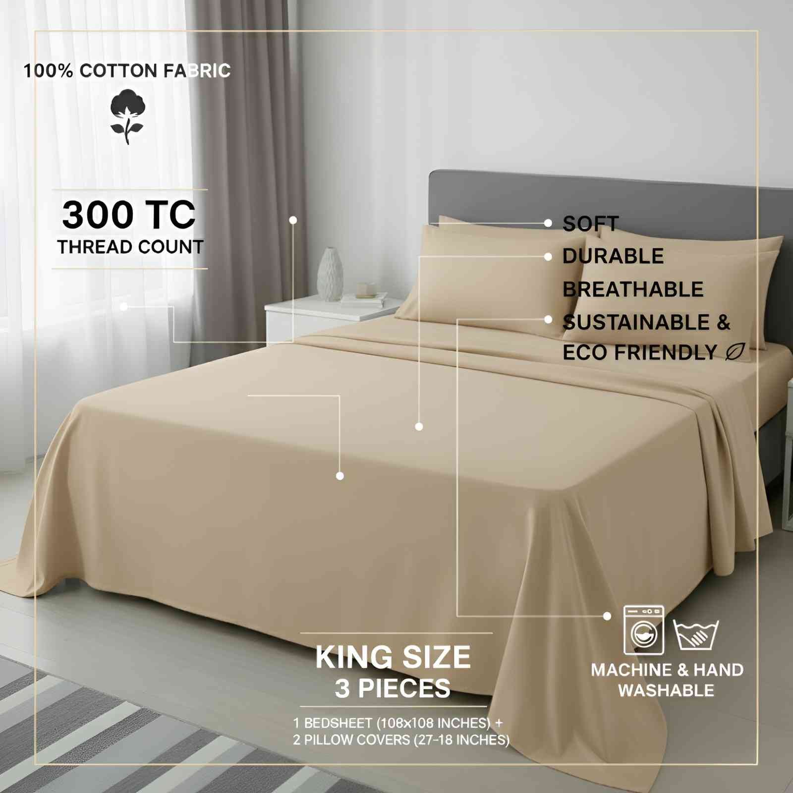 Beige Organic Cotton King Size Bedsheet Set