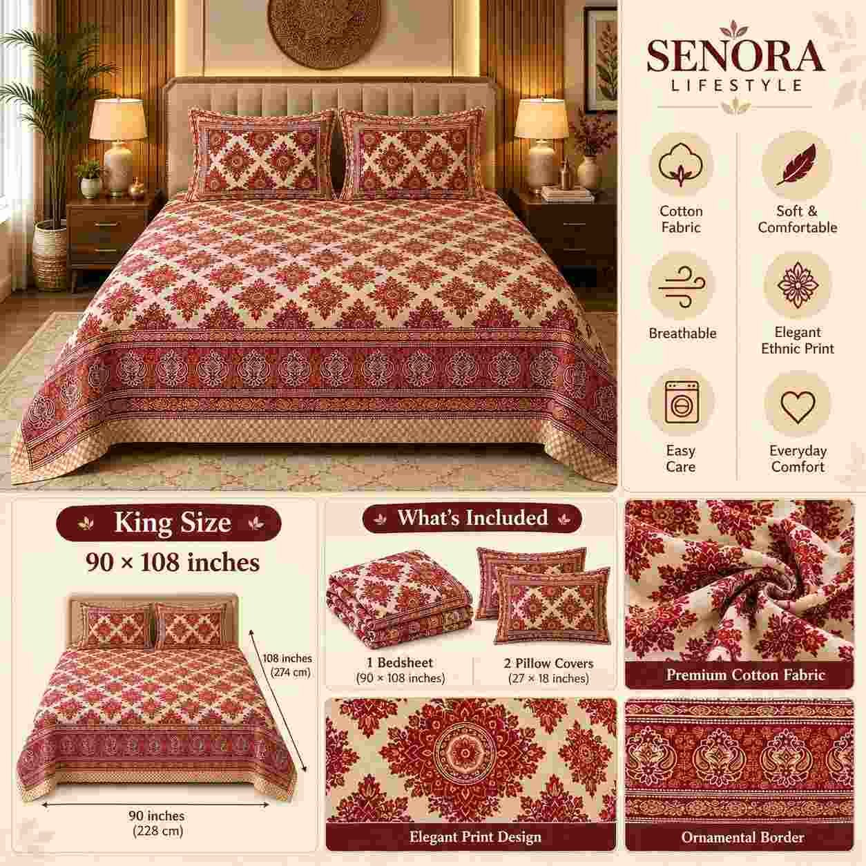 Brown Ethnic Block Print Cotton Bedsheet Infographic - SENORA Lifestyle