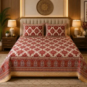 Brown Ethnic Block Print King Size Cotton Bedsheet | 180 TC Bedsheet India | SENORA