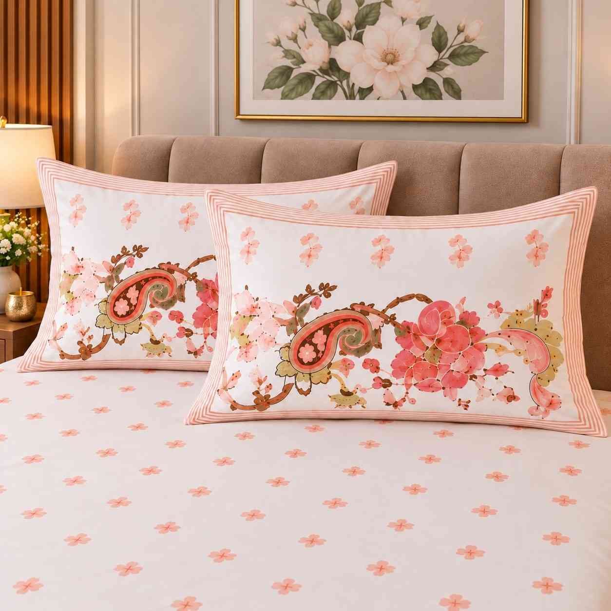 Peach and white floral super king size bedsheet for bedroom