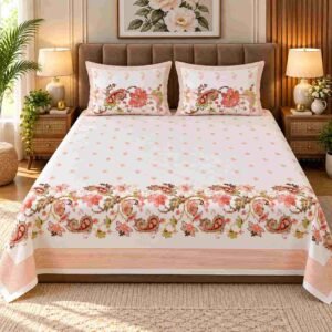 Peach White Floral Super King Size Cotton Bedsheet | 180 TC Bedsheet India | SENORA