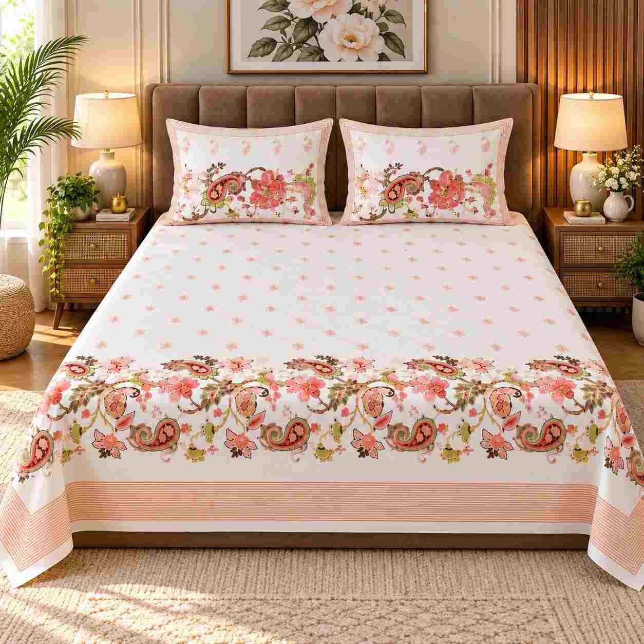SENORA peach white floral super king size cotton bedsheet