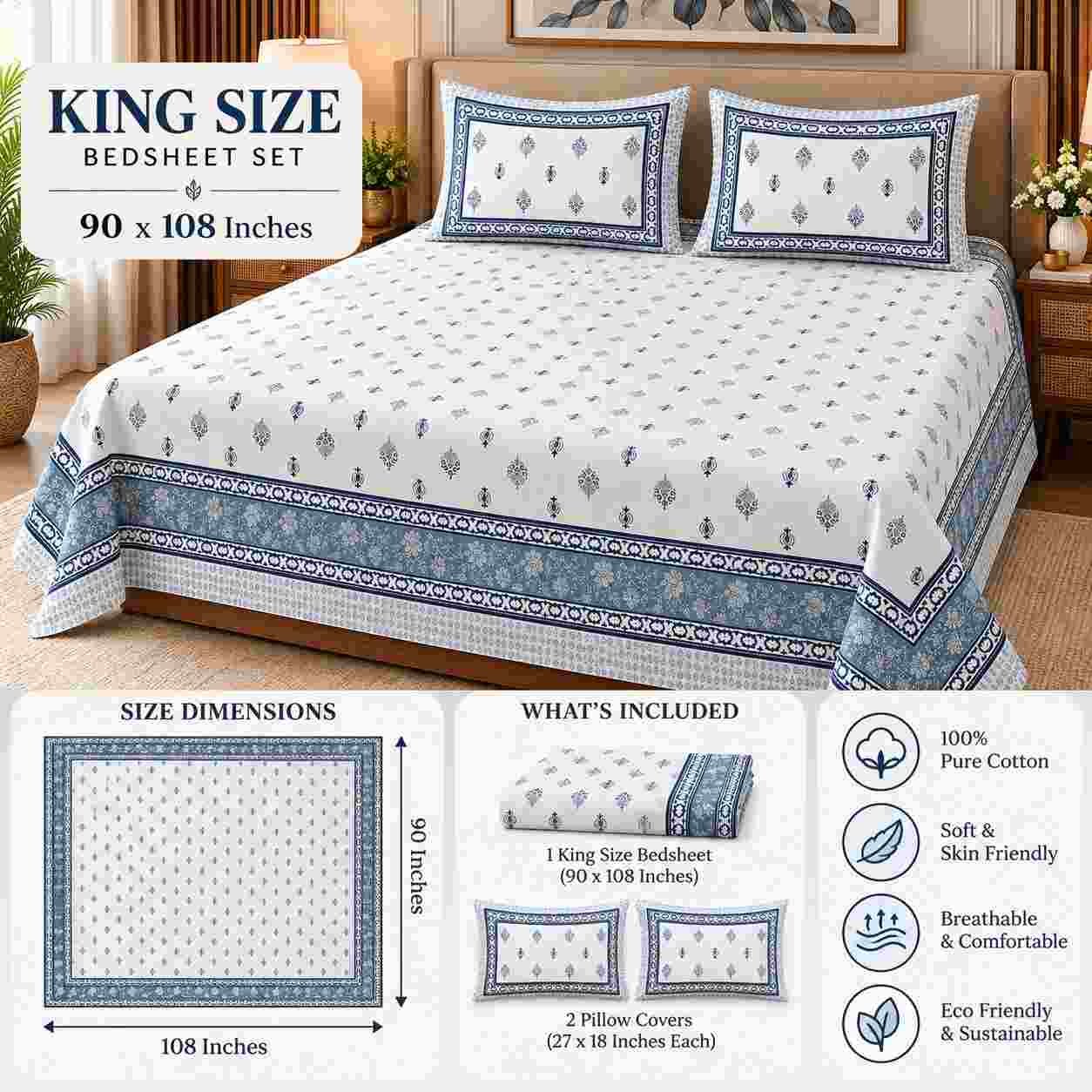 1. SENORA blue hand block print bedsheet product infographic