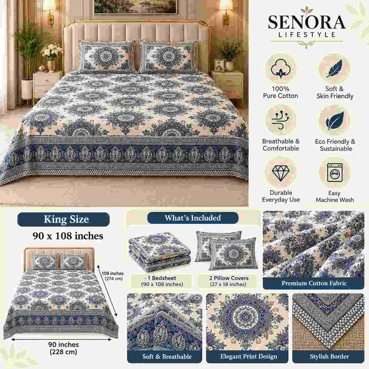 Blue Floral Cotton Bedsheet Infographic - SENORA Lifestyle