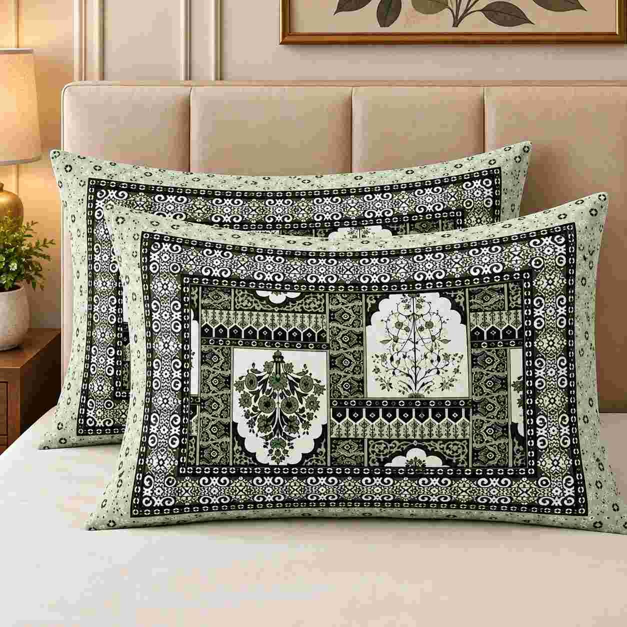 Designer printed ethnic cotton king size bedsheet with pillow covers
