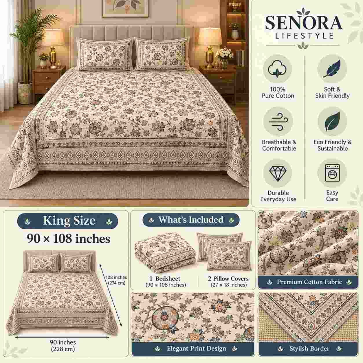 Earthy Floral Cotton Bedsheet Infographic - SENORA Lifestyle