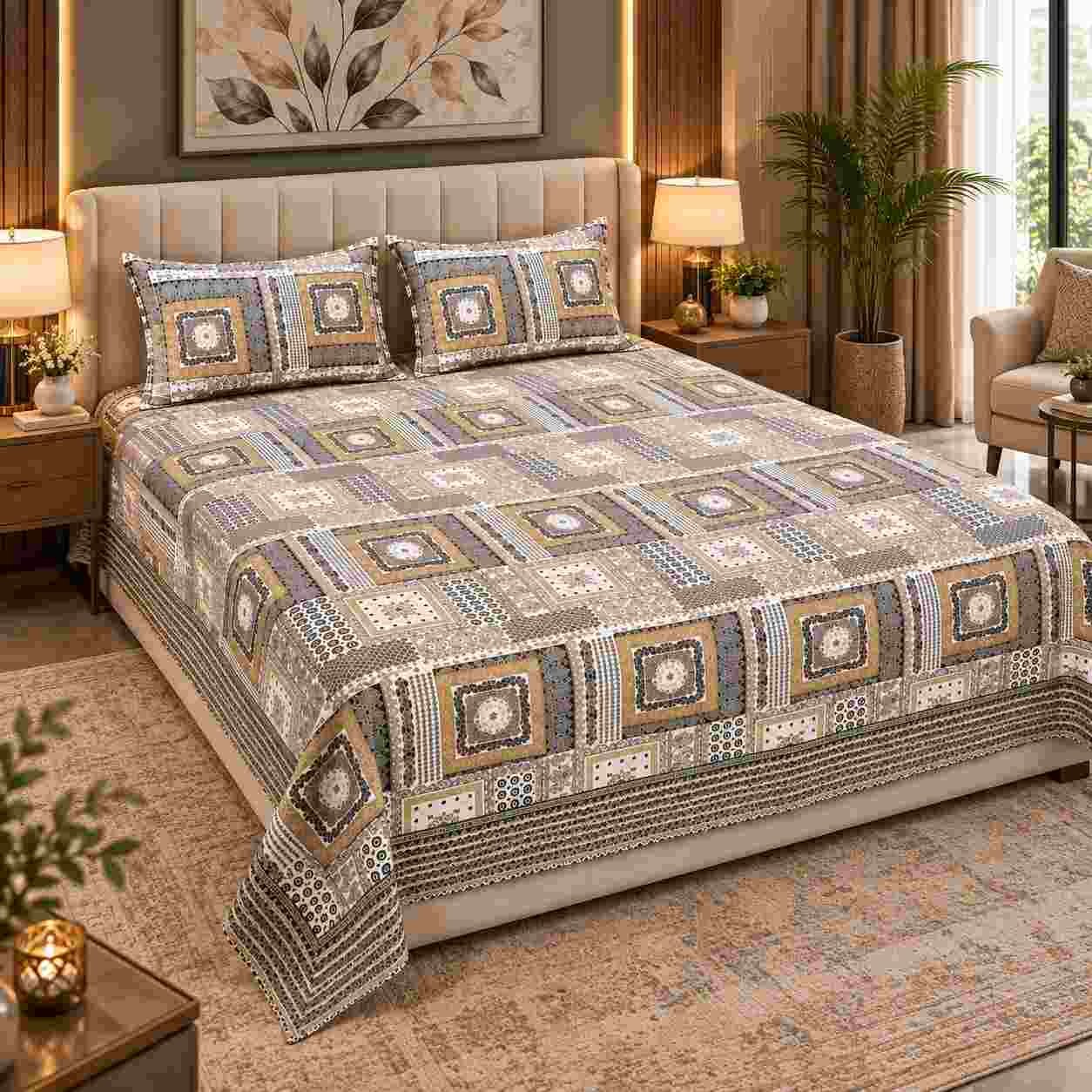 Ornamental print designer cotton king size bedsheet with pillow covers