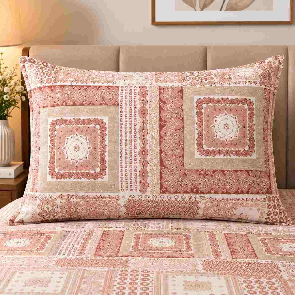 Pink Cotton King Bedsheet with Ethnic Geometric Design
