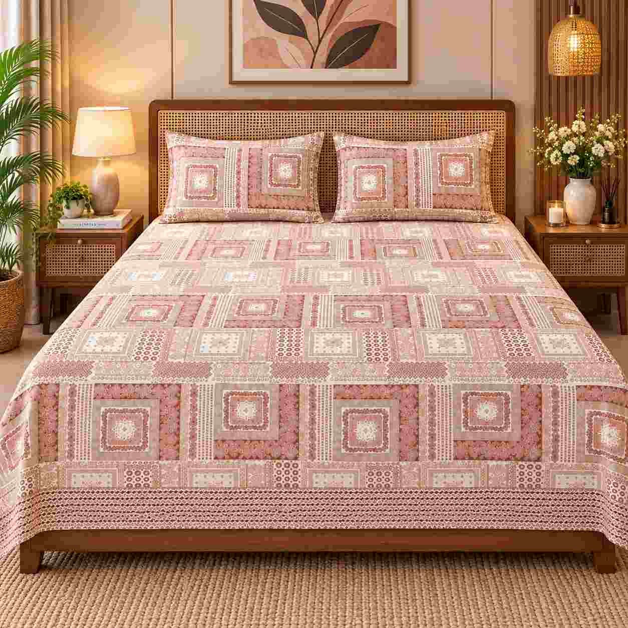 Pink Geometric Print Cotton King Size Bedsheet