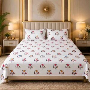 White with multi color flower print Floral Super King Size Cotton Bedsheet | 180 TC Bedsheet India | SENORA