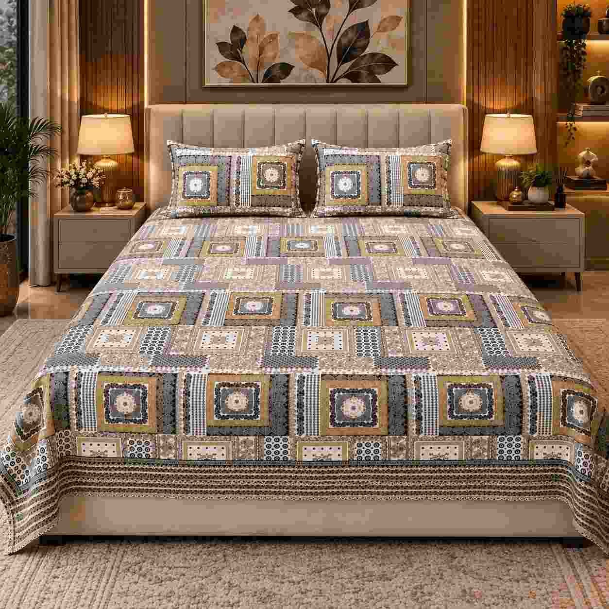 SENORA Lifestyle cotton king size ornamental print bedsheet with 2 pillow covers