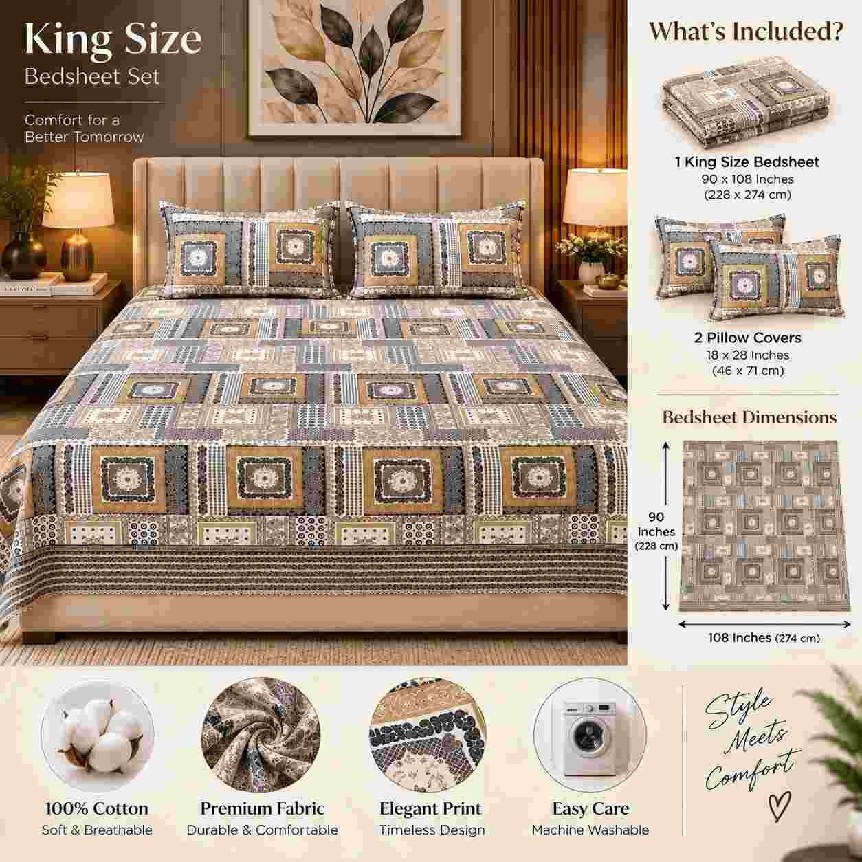 SENORA Lifestyle printed cotton king size bedsheet with ornamental design