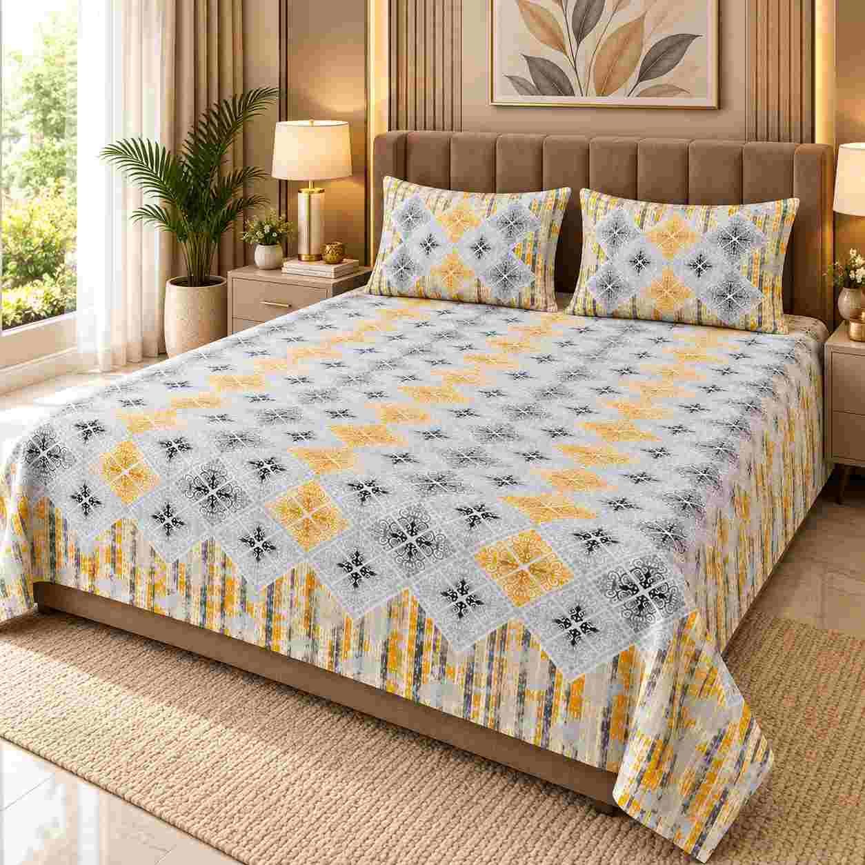 SENORA Ornamental Print Cotton King Size Bedsheet Set