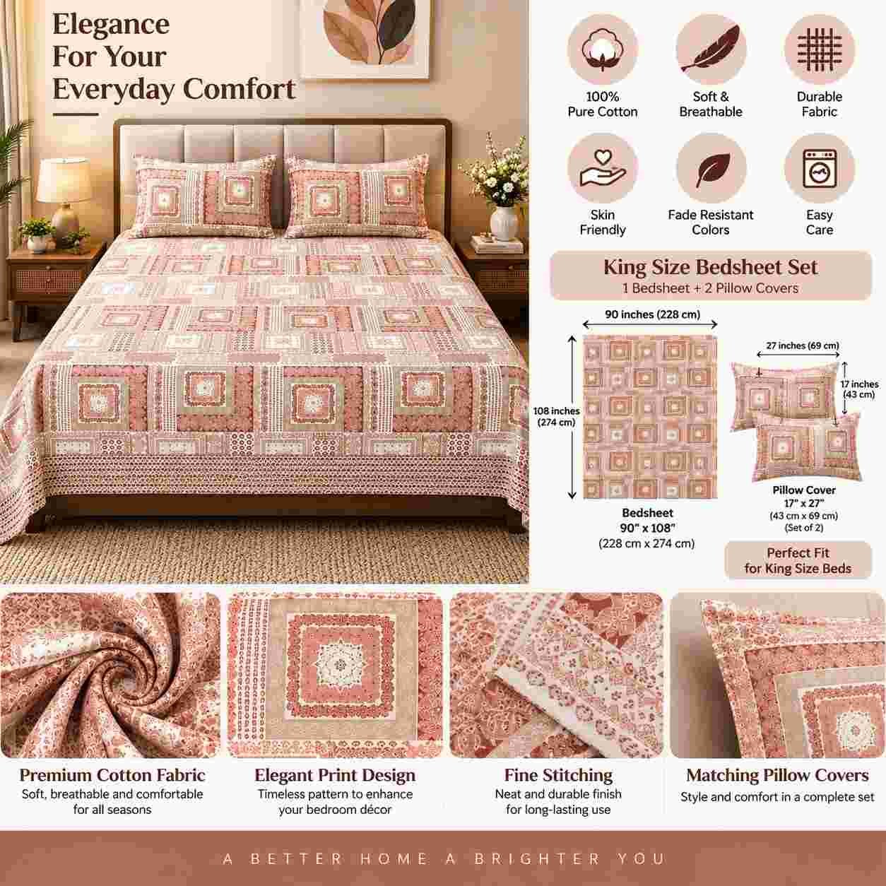 SENORA Pink Geometric Cotton Bedsheet for King Size Bed