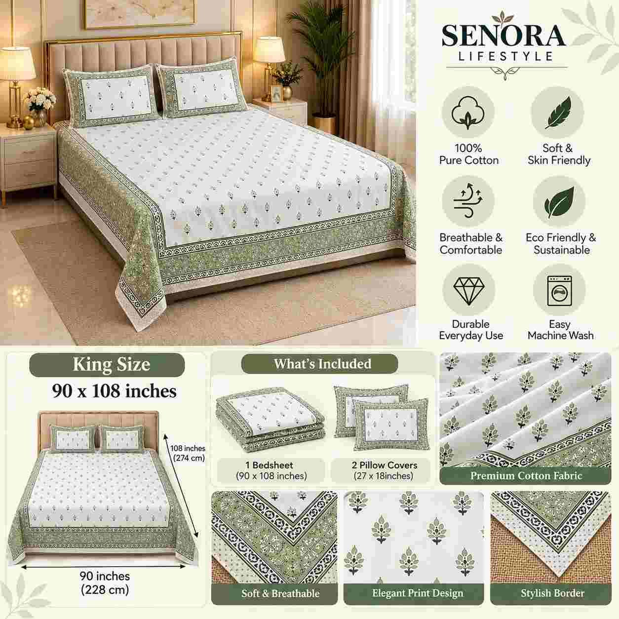 Sage Green Floral Cotton Bedsheet Infographic - SENORA Lifestyle