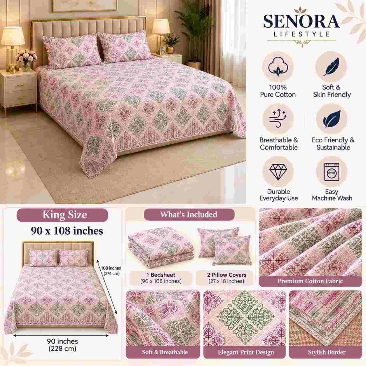 Senora Lifestyle Pink Geometric Cotton Bedsheet Infographic