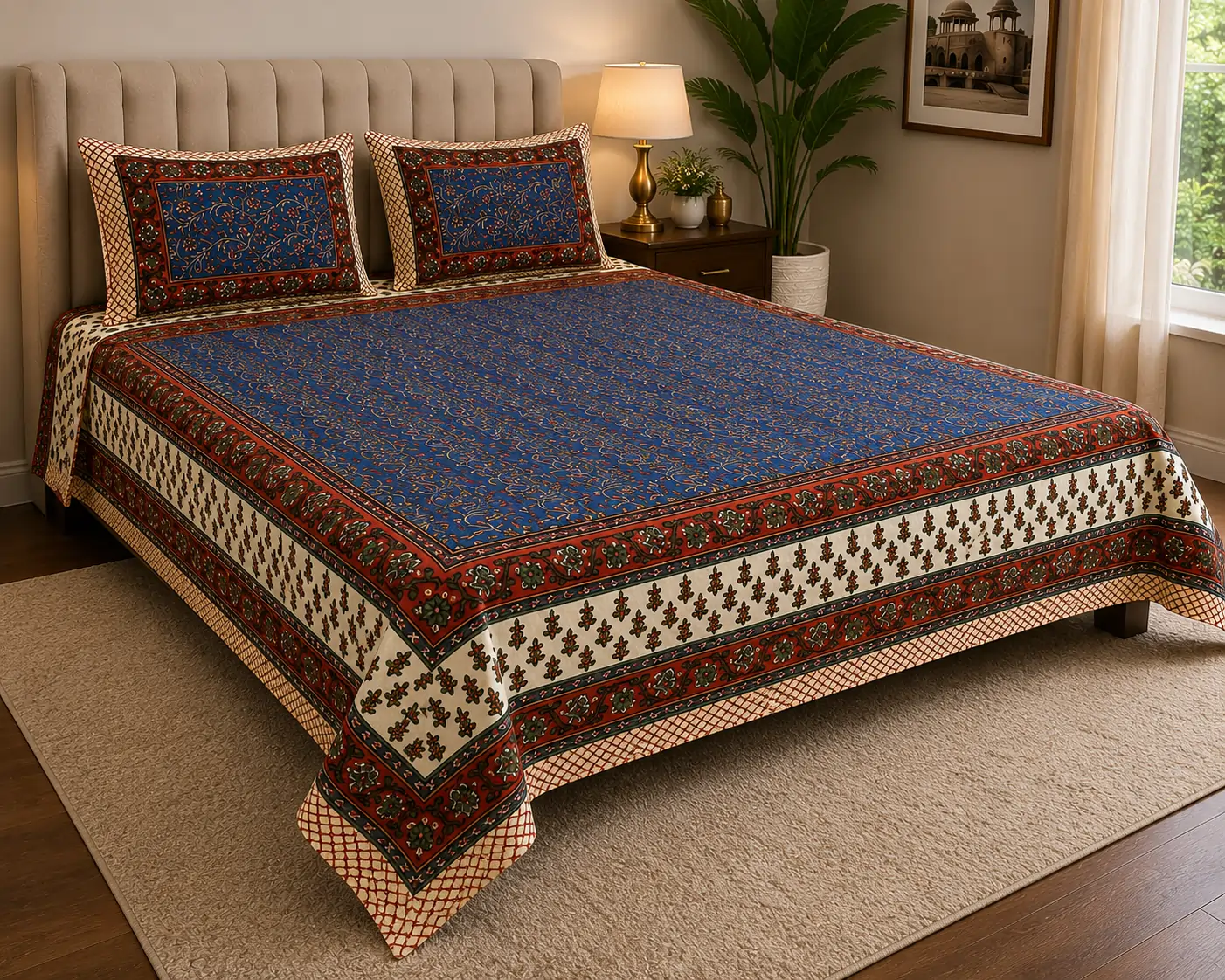 Elegant king size cotton bedsheet with ethnic print Elegant king size cotton bedsheet with ethnic print