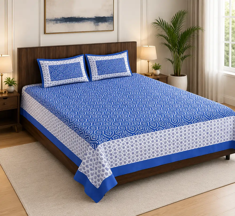 Blue & White Cotton Bedsheet with Pillow Covers by SENORA Lifestyle Blue & White Cotton Bedsheet with Pillow Covers by SENORA Lifestyle