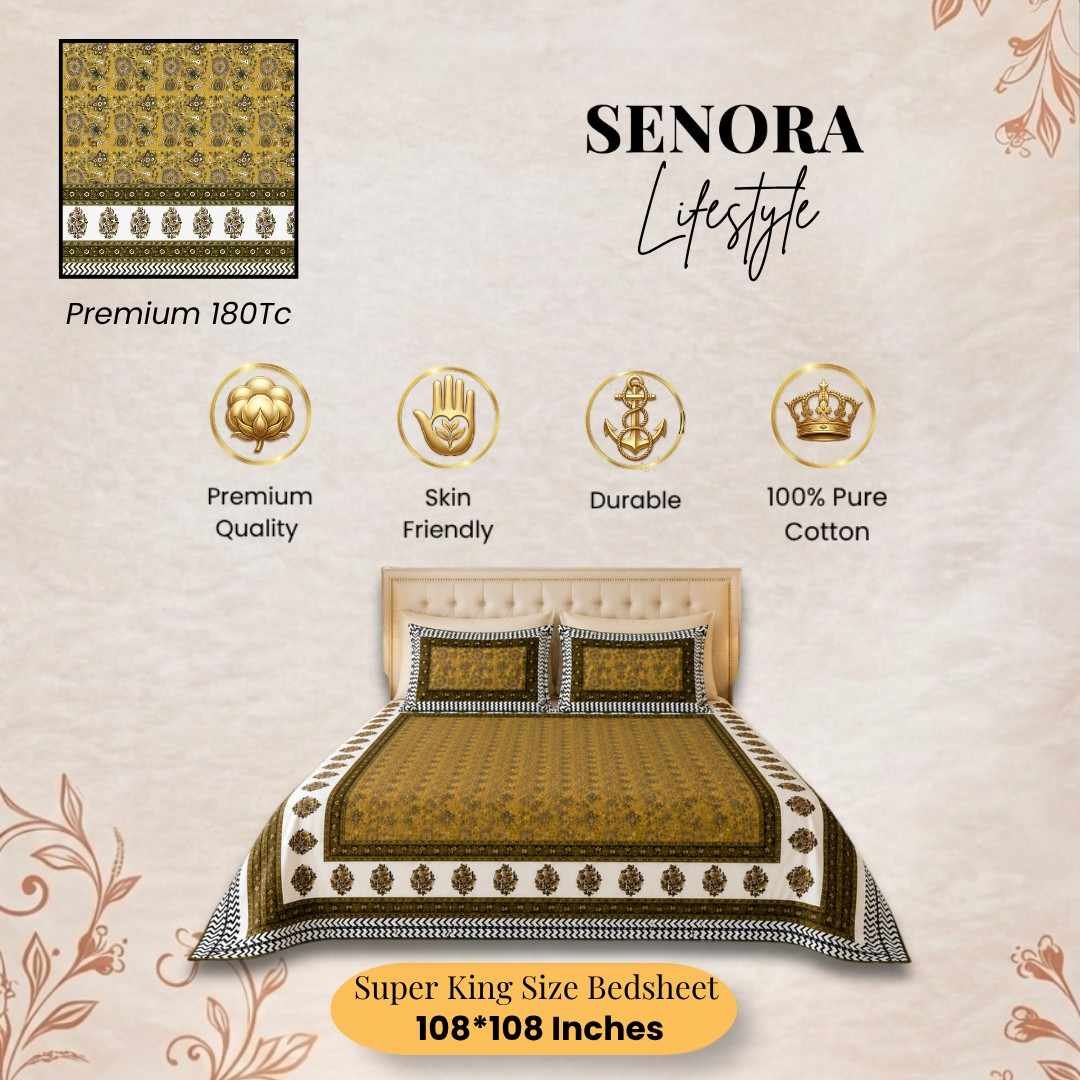 SENORA 108 × 108 Super King Cotton Bedsheet with Premium Printed Design and 2 Pillow Covers
