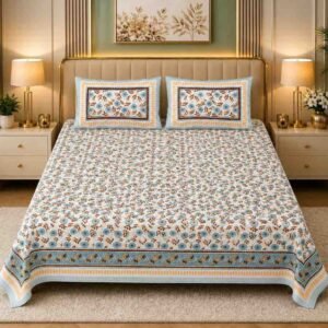 SENORA Lifestyle Peach Color with Blue Floral Printed Cotton Super King Bedsheet 108 × 108 Inches with 2 Pillow Covers