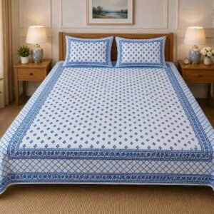 SENORA Lifestyle Off White & Classic Blue Cotton Super King Bedsheet 108 × 108 Inches with 2 Pillow Covers