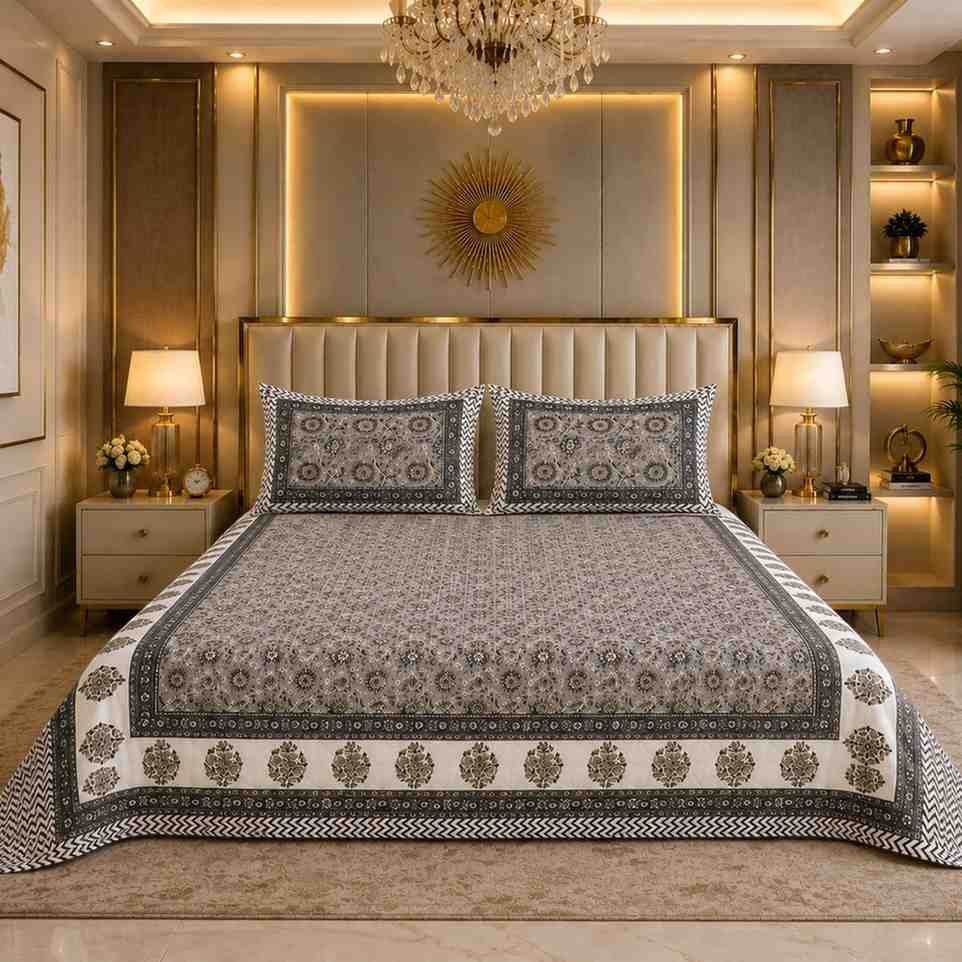 Elegant grey Jaipuri floral block print cotton bedsheet