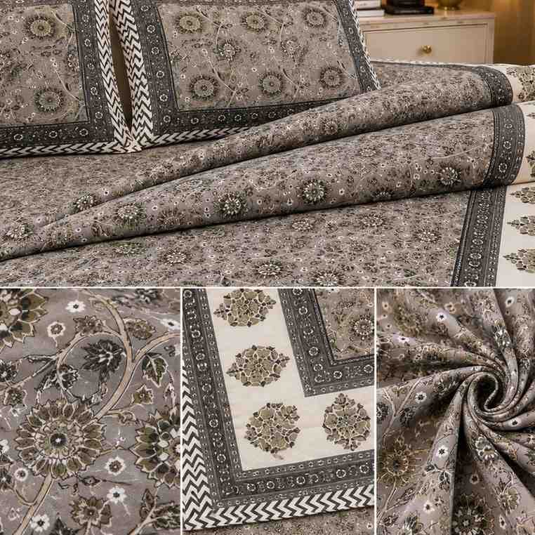 Jaipuri-inspired grey cotton bedsheet with 2 pillow covers