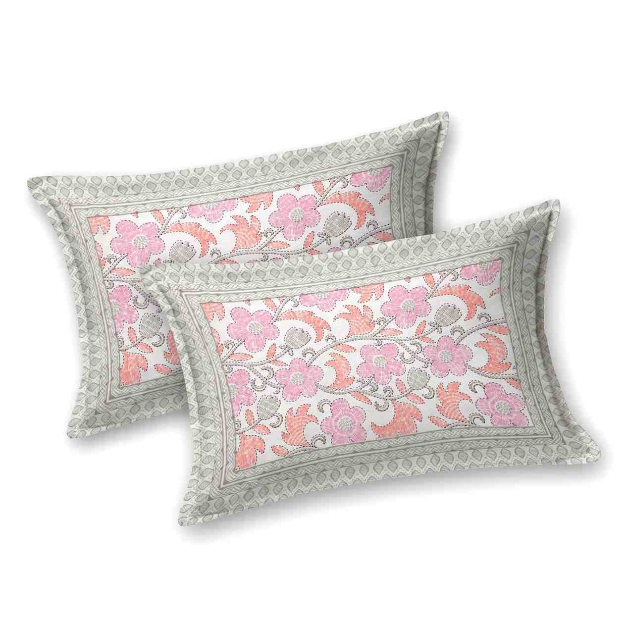 Pink and peach floral Jaipuri bedsheet with 2 matching pillow covers