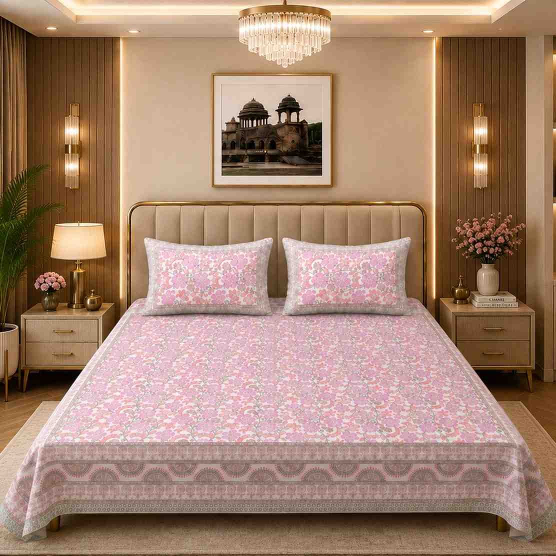Premium Jaipuri floral cotton Super King bedsheet 108x108 inches