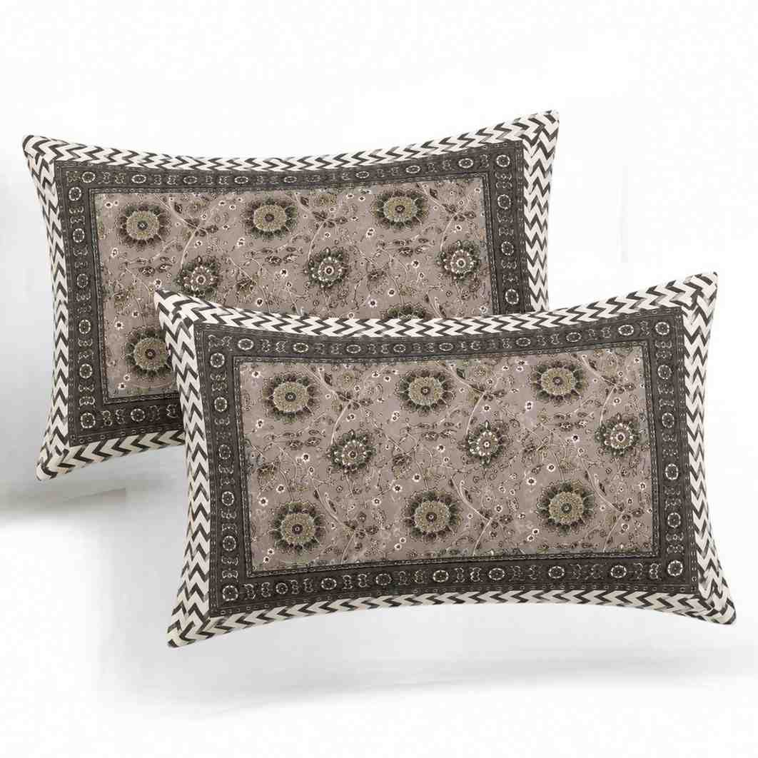 Traditional floral block print grey bedsheet with matching pillow covers
